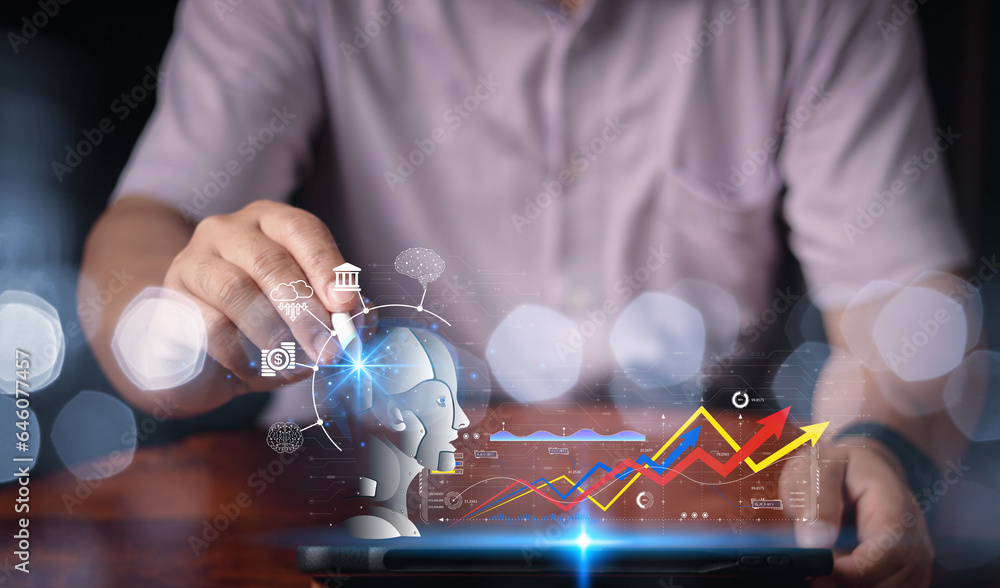 Poster businessman using modern interface payments online shopping and icon customer network connection on 