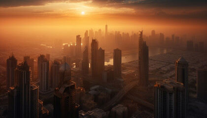 Fototapeta premium Modern city skyline illuminated by sunset, a panoramic travel destination generated by AI