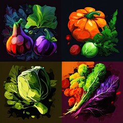 vegetable set abstract paint watercolor on a black background. ai generative