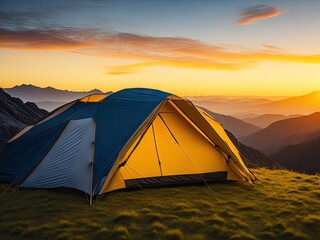 camping tent high in the mountains at sunset. ai generative