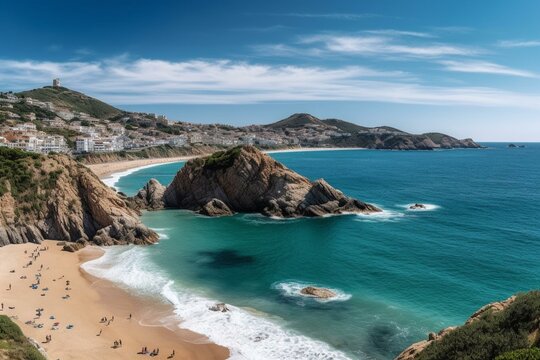 A beautiful panoramic view of a beach in Spain. Generative AI