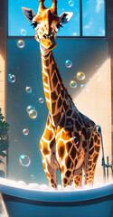 Giraffe in bathtub with soap bubbles.