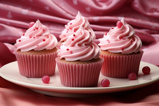 pink cupcakes with creamy icing, digitally rendered. Generative AI