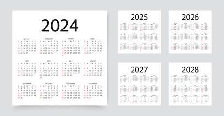 2024, 2025, 2026, 2027, 2028 calendars. Calender templates. Week starts Sunday. Desk planner layout. Yearly diary with 12 month. Organizer in English. Scheduler in simple design.  Vector illustration