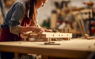 A woman carpenter craftsman builds furniture in his workshop
