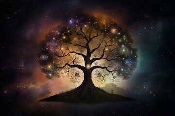 Astrology and cosmic connection portrayed through zodiac signs, the tree of life, and the universe. Generative AI