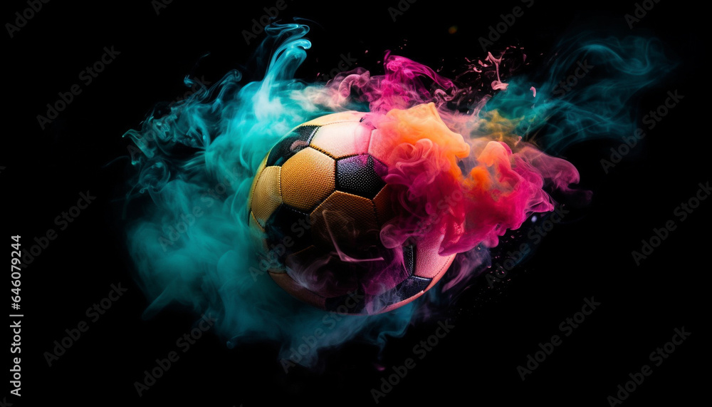 Poster soccer ball exploding in a fiery wave of competition and success generated by ai