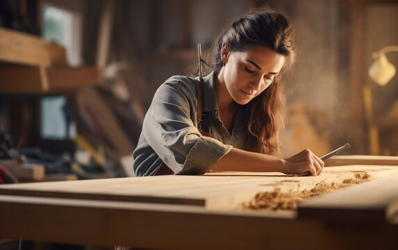 A woman carpenter craftsman builds furniture in his workshop