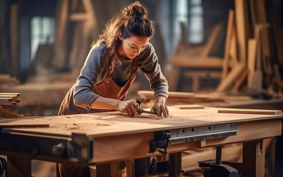 A woman carpenter craftsman builds furniture in his workshop