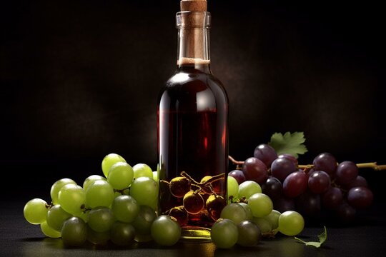 an image of a wine bottle and grapes created using modern methods. Generative AI