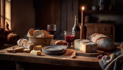 Fototapeta na wymiar Rustic table with fresh bread, wine, and gourmet appetizers generated by AI
