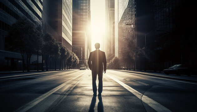 Confident businessman walking towards success in modern cityscape at dusk generated by AI