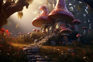 Beautiful house surrounded by enchanting mushrooms in a mystical woodland. Artistic depiction of fantasy fungi, ideal for a book cover. Incredible natural landscape. 3D artwork. Generative AI