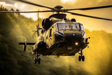 A close-up of a military helicopter in flight on a training exercise in Wiltshire, UK. Generative AI