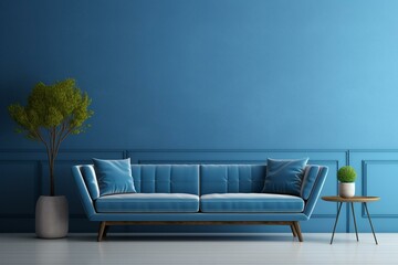 Modern interior with blue sofa in living room, empty wall, 3D render. Generative AI
