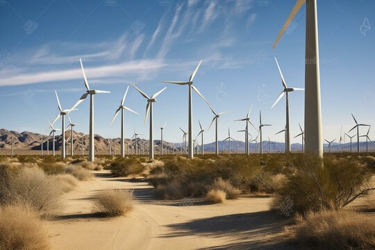 turbines rotating in sandy arid area. Generative AI