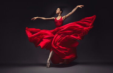 Ballerina. Young graceful woman ballet dancer, dressed in professional outfit, shoes and red weightless skirt is demonstrating dancing skill. Beauty of classic ballet. - 646079848