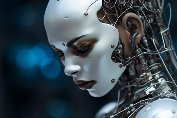 Young android robot nice woman face with part of skin and white plastic and metal on a face