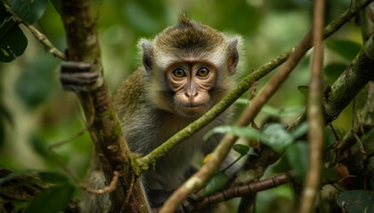 Cute young macaque sitting on branch, looking at camera generated by AI