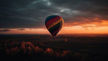 Obraz premium Hot air balloon adventure flying high in vibrant nature landscape generated by AI