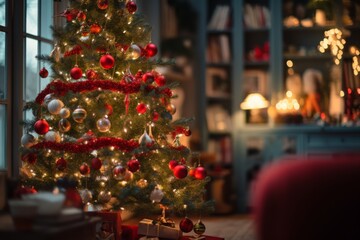 a christmas tree fully decorated with balls and lights and presents inside a living room in...