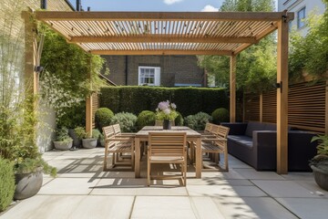 Beautiful outdoor space with newly designed high-end patio and garden in the UK. Generative AI