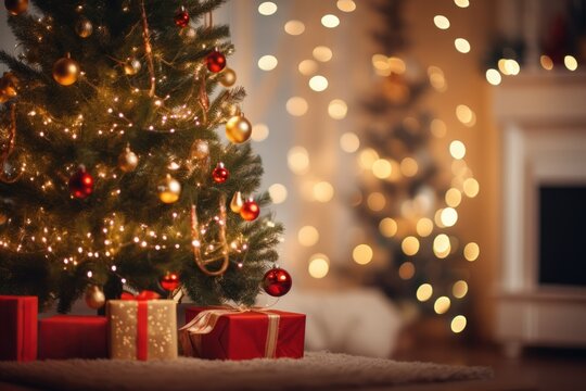 a christmas tree fully decorated with balls and lights and presents inside a living room in christmas day - Powered by Adobe
