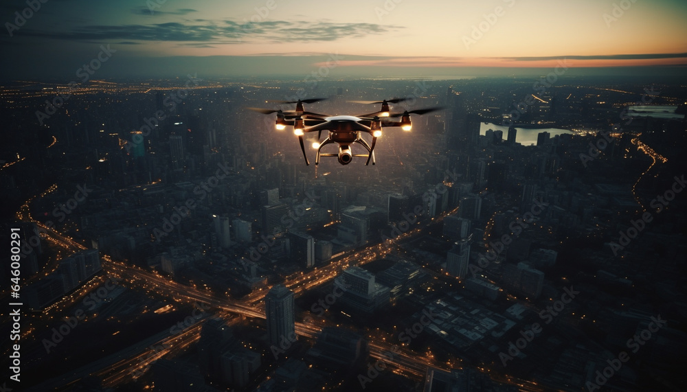 Aufkleber futuristic drone captures illuminated cityscape in digitally generated image generated by ai