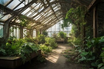 Deserted hothouse overrun by lush plants. Generative AI