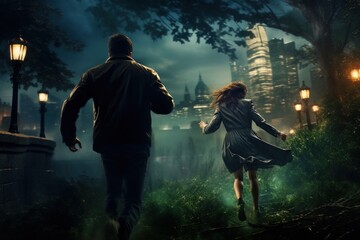 Man stalks a woman at night in a city park, sexual assault, illustration - obrazy, fototapety, plakaty