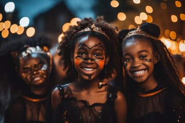 a group of young girls dressed for halloween and having a lot of fun in halloween night