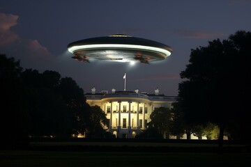 Unidentified flying saucer seen near the White House in Washington, D.C. Generative AI