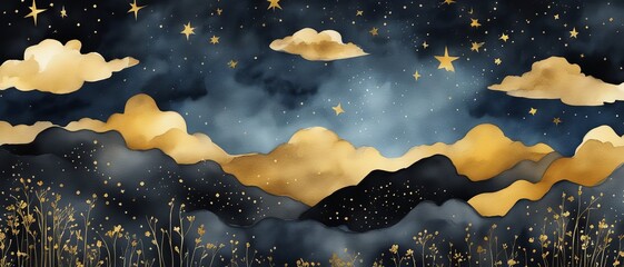 Night sky with stars and clouds, watercolor painting