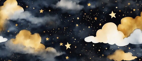 Night sky with stars and golden clouds, watercolor painting