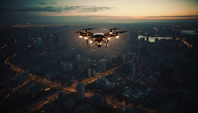 Futuristic drone captures illuminated cityscape in digitally generated image generated by AI