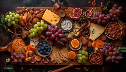 A rustic gourmet snack tray with a variety of cheeses, fruit, and nuts generated by AI