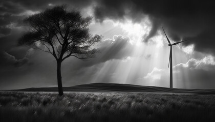 Silhouette windmill spinning against dramatic moody sky in rural landscape generated by AI