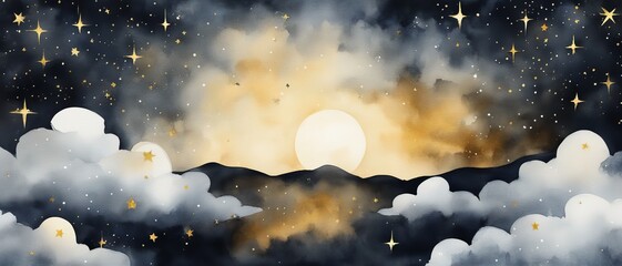 Night sky with stars and clouds, golden moonrise over a mountain, watercolor painting