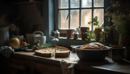 Fototapeta premium Freshly baked rustic bread on homemade wooden table indoors generated by AI