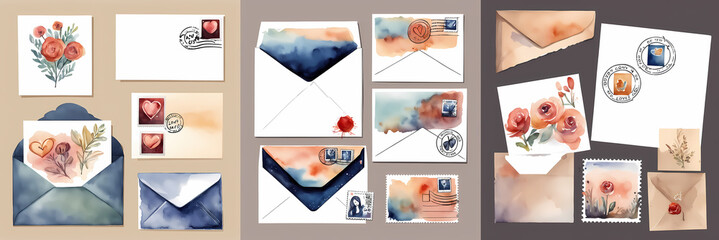 Set of post card with envelope - obrazy, fototapety, plakaty