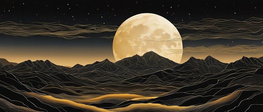Black mountains with a large full golden moon in the background, linart with embossing