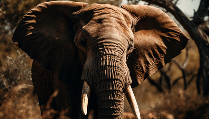 Fototapeta premium African elephant walking in the wilderness, close up portrait, tranquil scene generated by AI