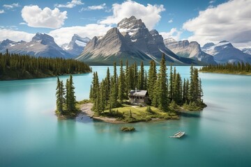 A stunning view of Spirit Island in Maligne Lake, located in Jasper National Park, Alberta, Canada. Generative AI