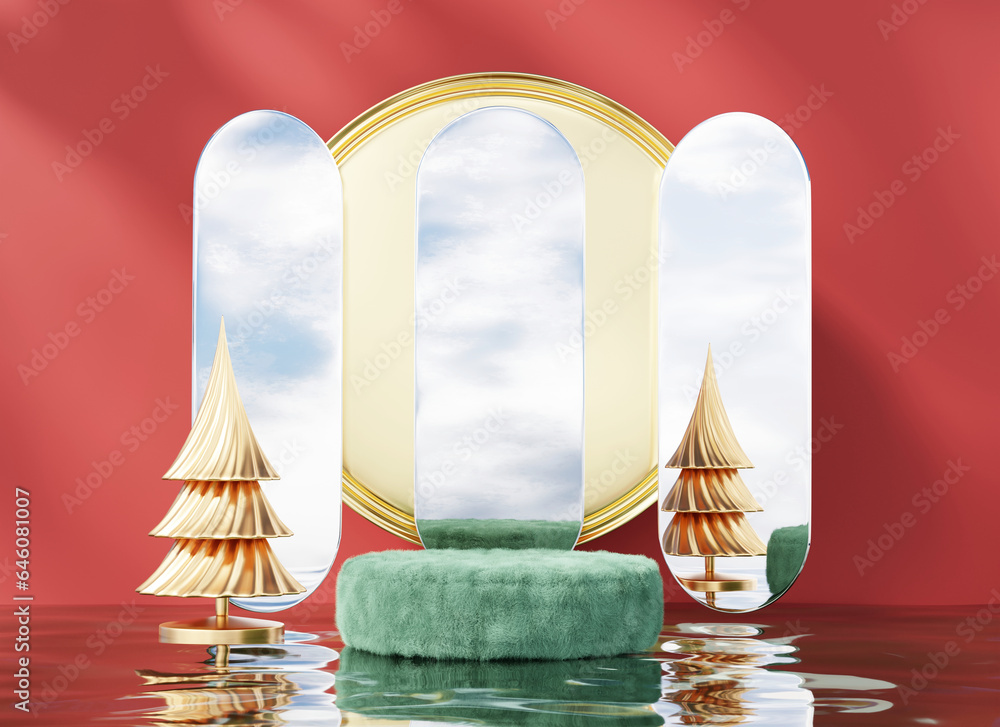 Poster merry christmas event product display podium with decoration background 3d rendering