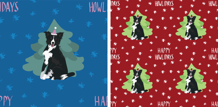 Border Collie dog Christmas seamless pattern. Popular repeatable winter background. Happy Howlidays Dog Christmas Card for dog lovers. Abstract texture with Collie, tree, snowflakes. Cartoon style.