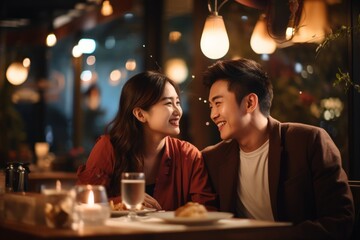 a young asian couple enjoying a romantic dinner in a restaurant at night with a big smile - obrazy, fototapety, plakaty