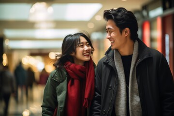 a young asian couple walking together in a department store with a big smile