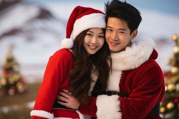 Fototapeta premium a young chineese couple dressed for christmas in red santa claus suit looking to the camera smiling