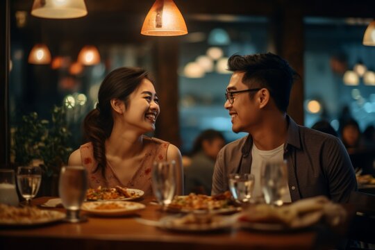 a young asian couple enjoying a romantic dinner in a restaurant at night with a big smile © urdialex