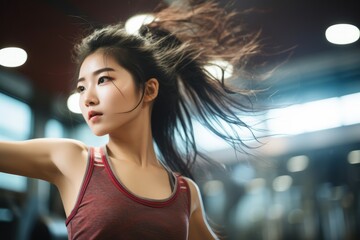 asiatic young woman wearing sport clothes practicing exercise in the gym